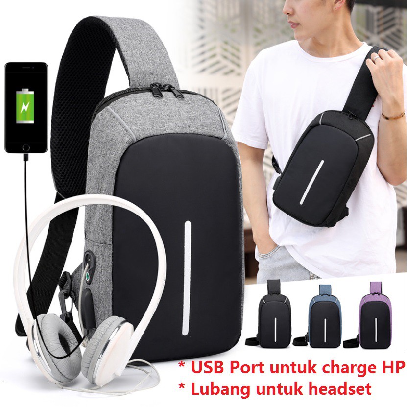 Tas Slempang GLOW XD 03 USB Charger Waterproof Korea Fashion Selempang