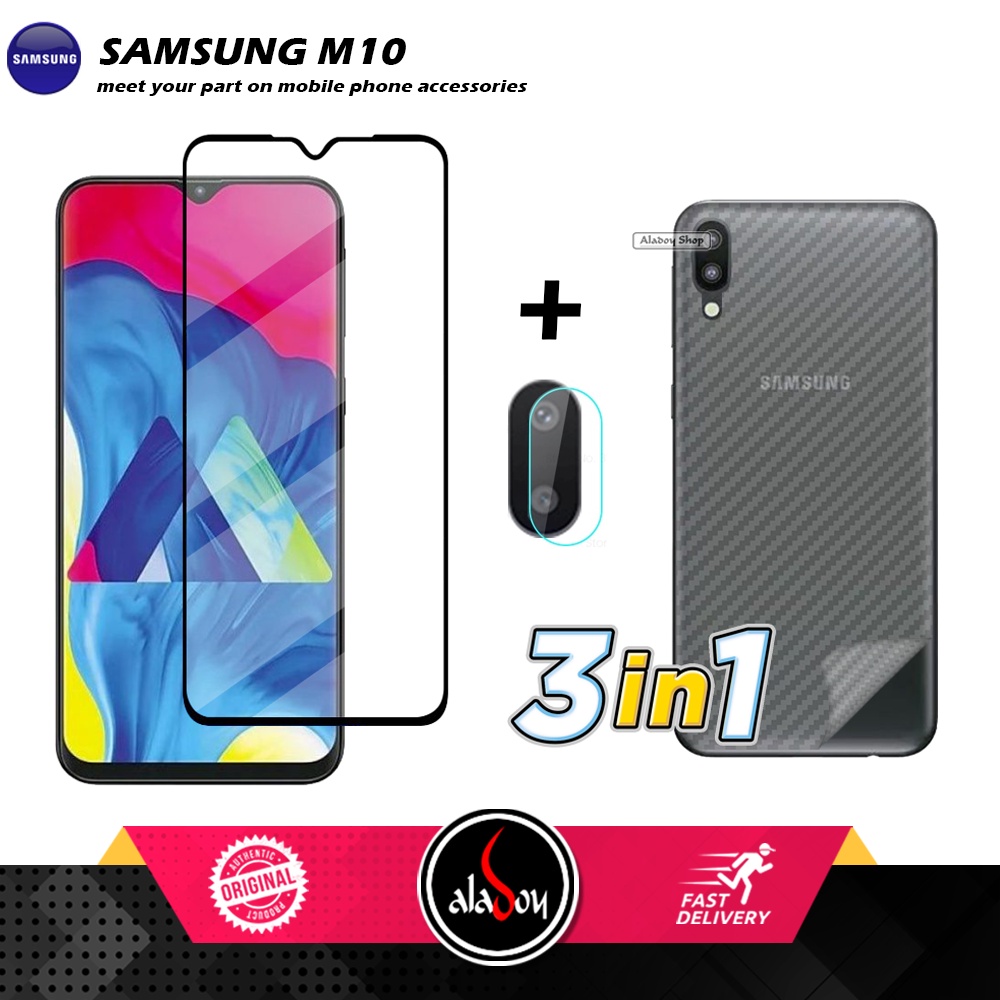 PAKET 3 IN1 Tempered Glass Layar Samsung M10 Free Tempered Glass Camera dan Skin Carbon