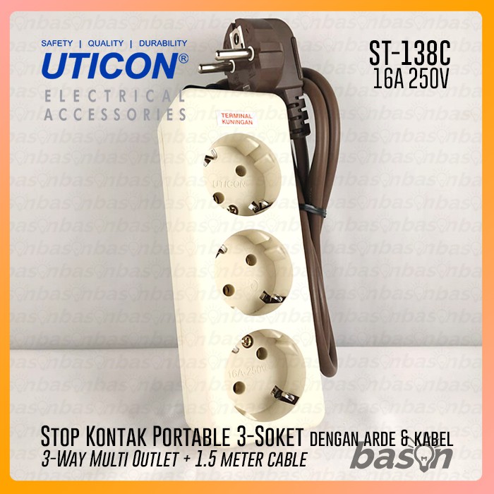 UTICON ST138C Multi Outlet - Stop Kontak 3 Lubang Arde 1.5 Meter