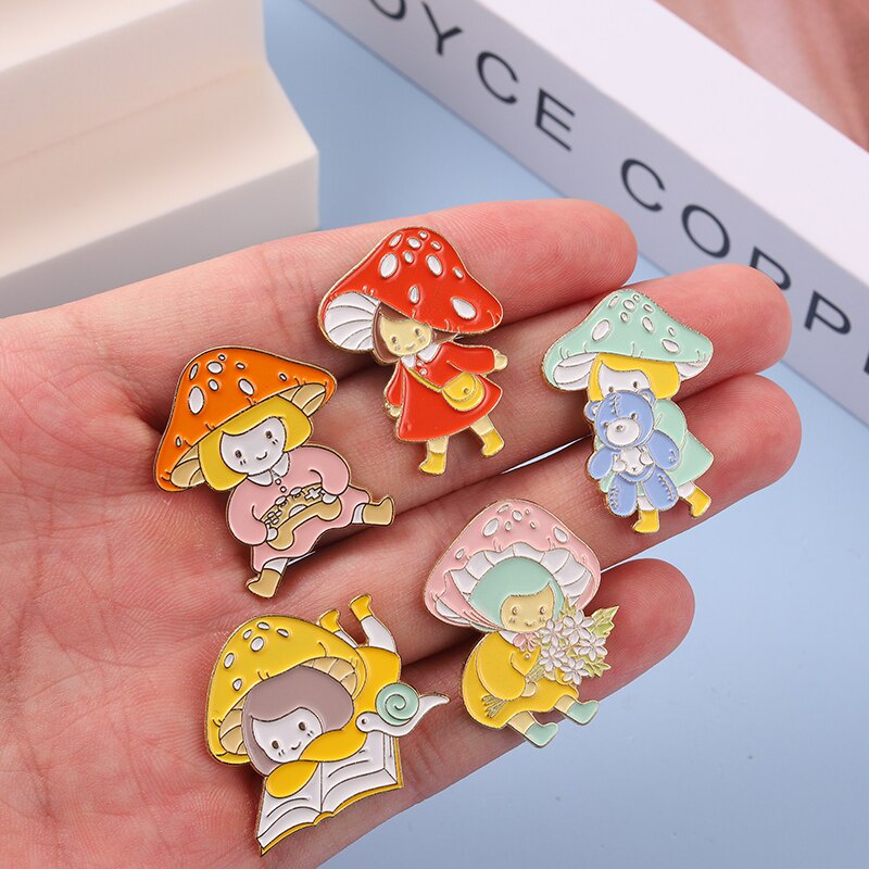 Mushroom Girl Enamel Pin Flower Book Bear Brooch Badges Clothes Lapel Pin Cap Bag Creative Fun Jewelry Gift For Child