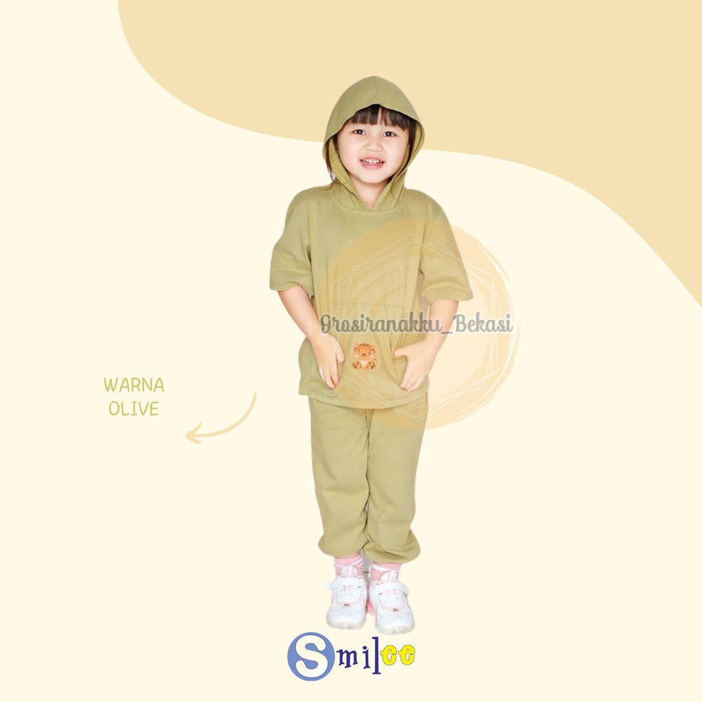 Setelan Anak Smilee Unisex Hoodie Lily Oversize Warna Olive Size 1-5Tahun