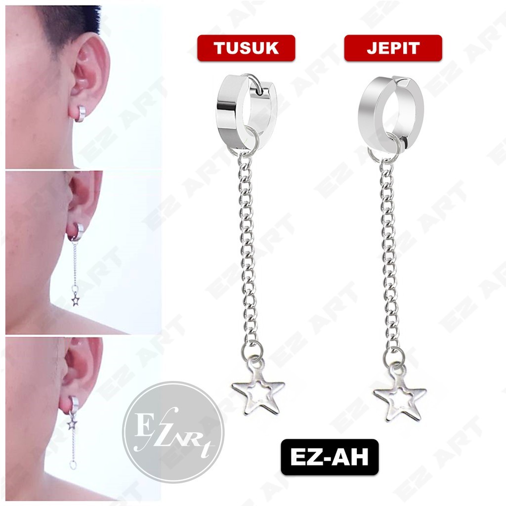 1Pc Model EZ-AH Silver Anting Bintang Pria dan Wanita Jepit Tusuk Variasi Bandul Star