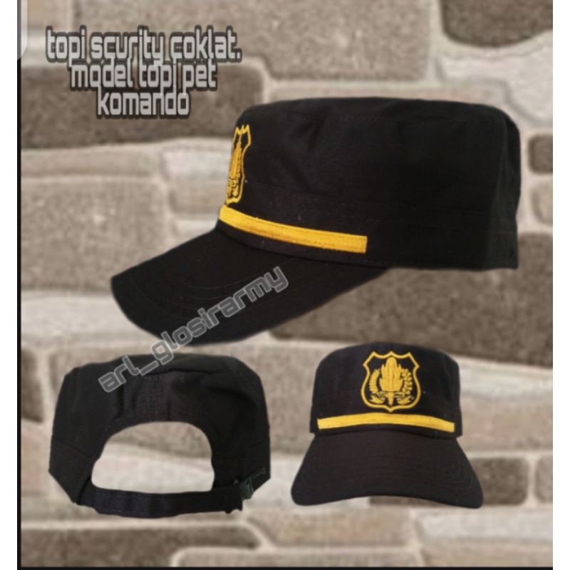 terbaru.TOPI COKLAT SECURITY/SATPAM.model topi pet komando lis kuning.
