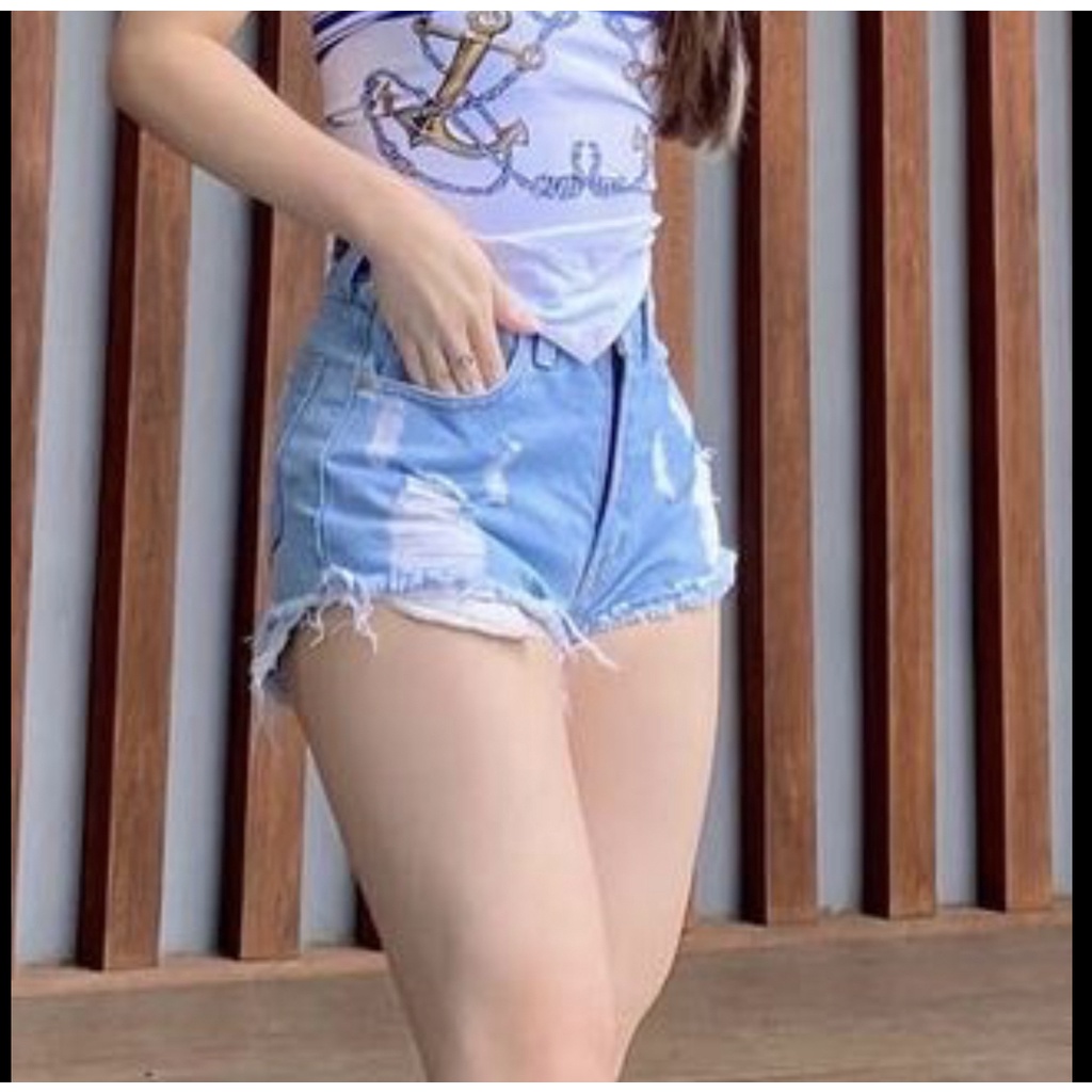 HOPYLOVY Celana Pendek Jeans Wanita Sobek Hotpants Jeans Ripped Angelina