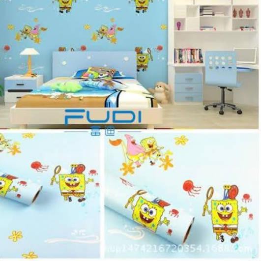 (PROMO) Gudang Wallpaper Stiker Dinding / Walpaper Stiker Dinding  Wallpaper SepongeBob Bahan PVC Premium (SUDAH ADA LEM)