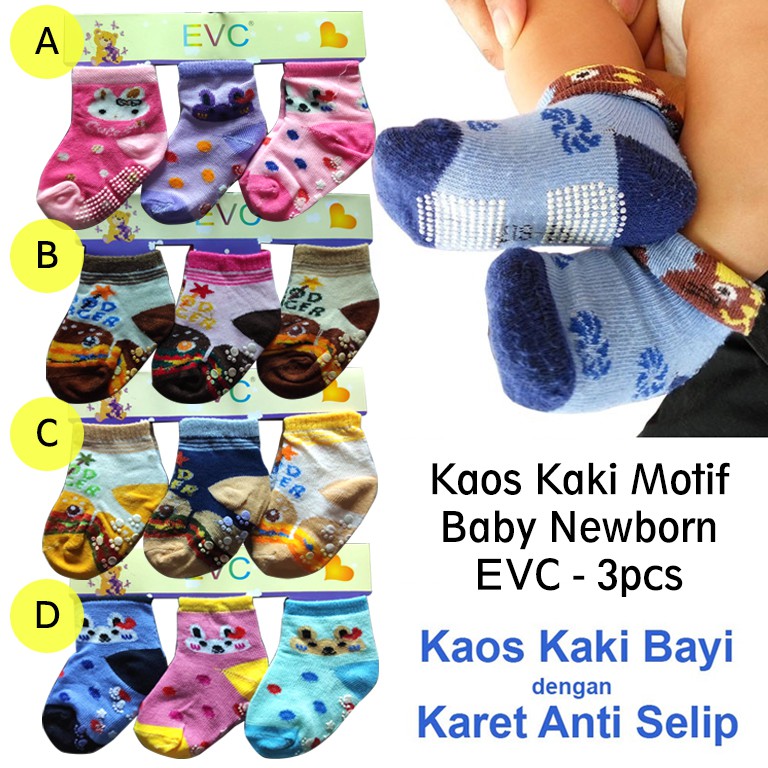 Kaos Kaki Bayi EVC 3pcs dengan Karet Anti Selip Baby Newborn