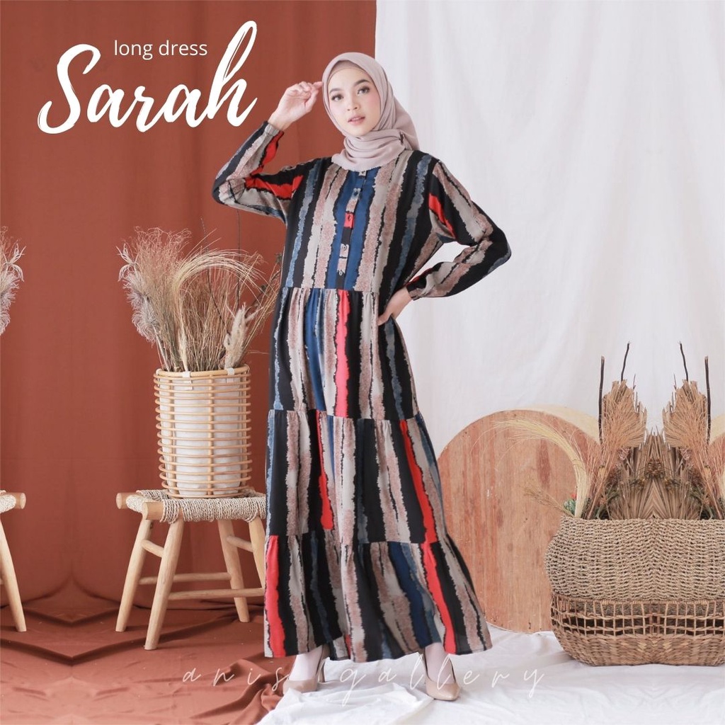 Gamis Jumbo Muslimah Sarah Long Dress Garis Garis Bahan Katun Rayon Murah