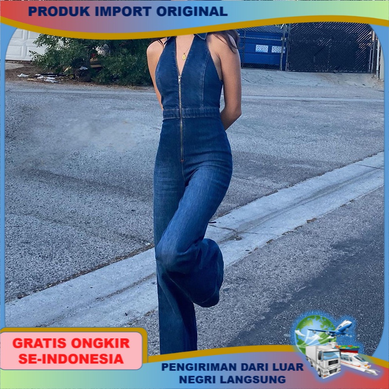 IMPORT Pakaian wanita terusan Fashion Baru Halter Backless Lurus Slim Fit Jeans levis Kasual style E