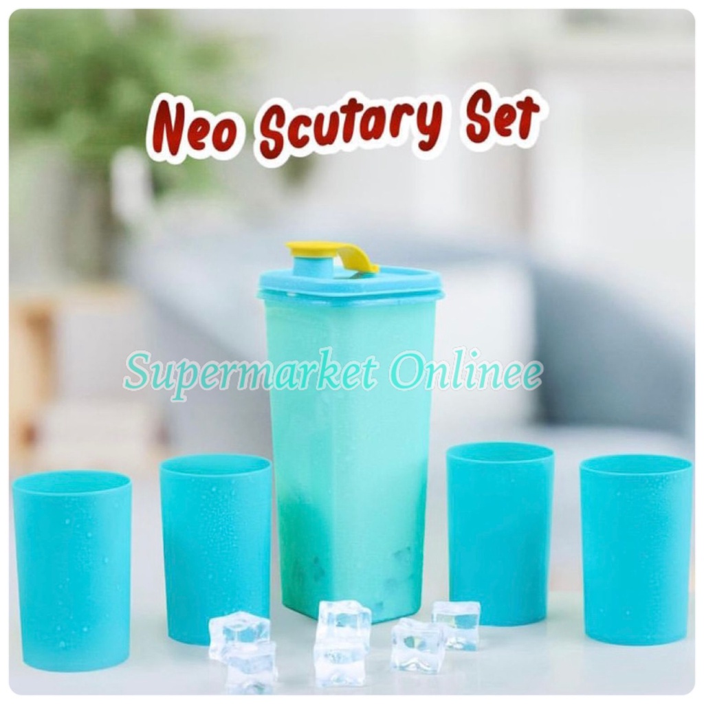 Teko + Gelas Botol Minum Kulkas Water Jar Neo Scutari Tempat Air Kotak Botol 1,3 Liter Bonus 4pcs Gelas 300ml