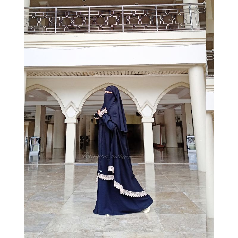 Dasmont Fashion Set Abaya Jetblack Hitam Pekat Gamis Renda  Dress Arab Resleting Depan Lengan Karet