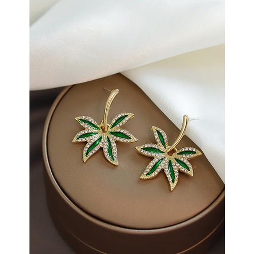 LRC Anting Tusuk Fashion Green Alloy Rhinestone Leaf Earrings V57119