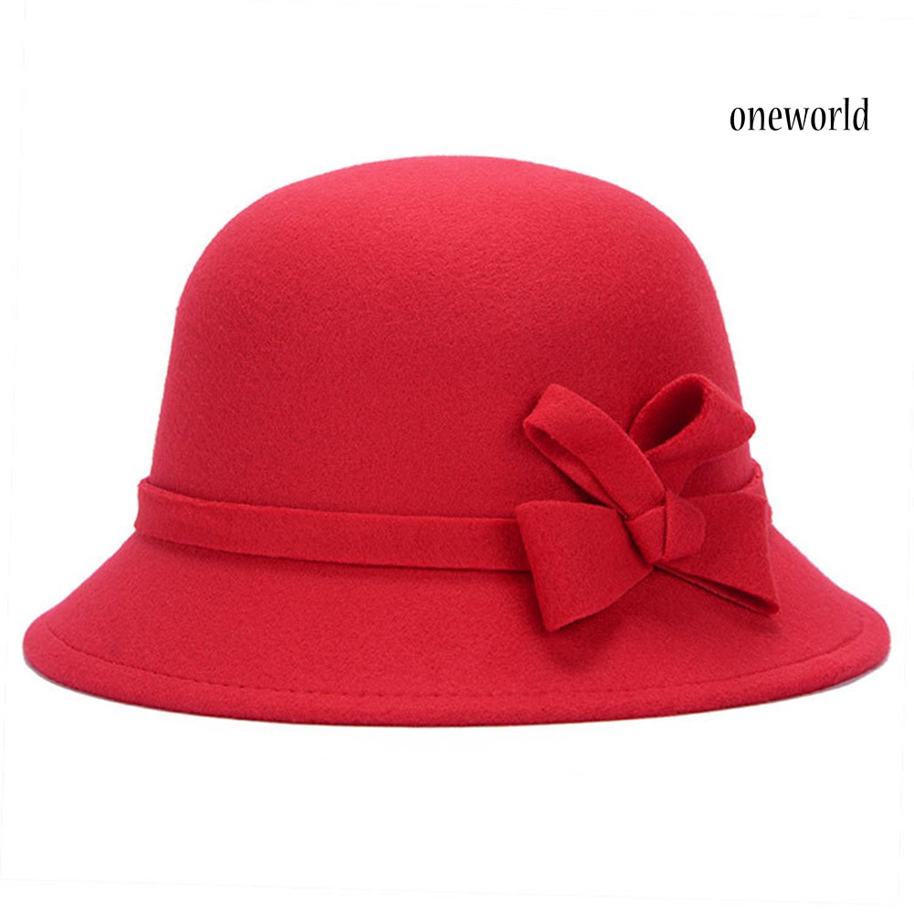 Oneworld Topi Bucket Wanita Bahan Wol Imitasi Aksen Pita Warna Polos Gaya Vintage Untuk Musim Gugur