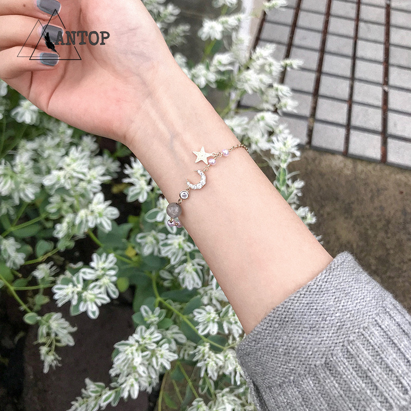 Gelang Liontin Bintang Dan Bulan Gaya Gelang Bangle Mutiara Aksen Pita Gaya Korea Untuk Wanita Women Jewelry Accessories Gifts ANTOP