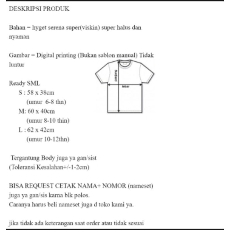 Setelan Baju Bola // kaos bola printing setelan anak2 5-11 tahun S/M/L