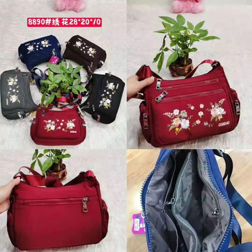 Tas Wanita Import Jinjing dan Selempang CHIBAO CB8890 8890 Bordir Bunga Bahan Parasut JAKARTA