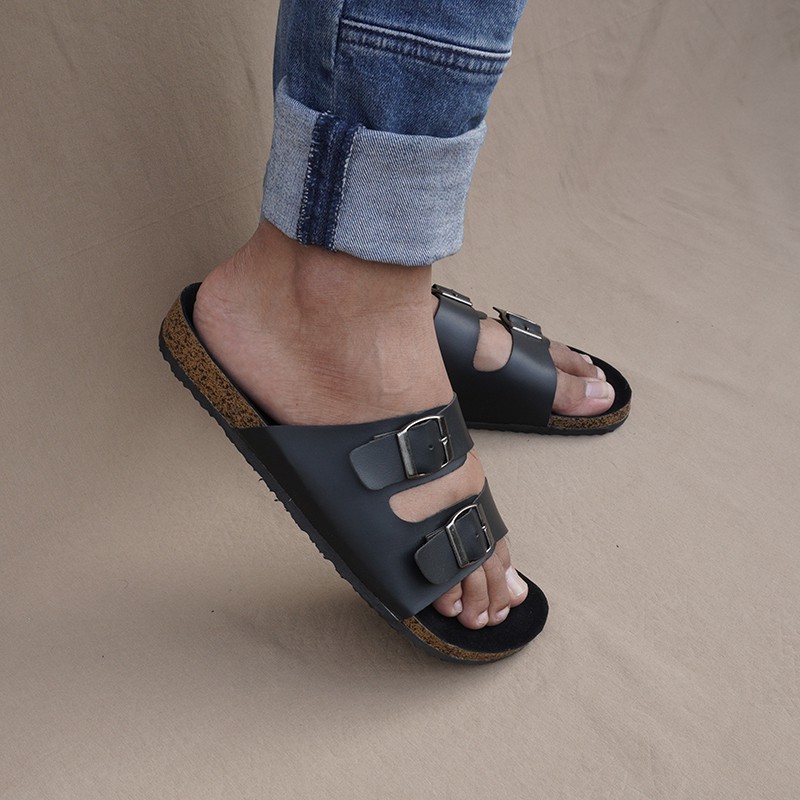 SANDAL PRIA BIRKEN SLIDE KASUAL SLOP SENDAL HITAM FULLBLACK