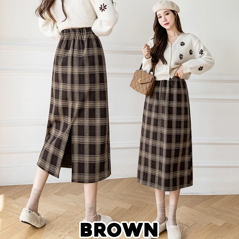 KARAKOREA 832 Hwasa Skirt/Korean Midi Skirt/Rok Midi Motif Kotak Kotak/Rok wanita/Office Skirt/Rok kerja