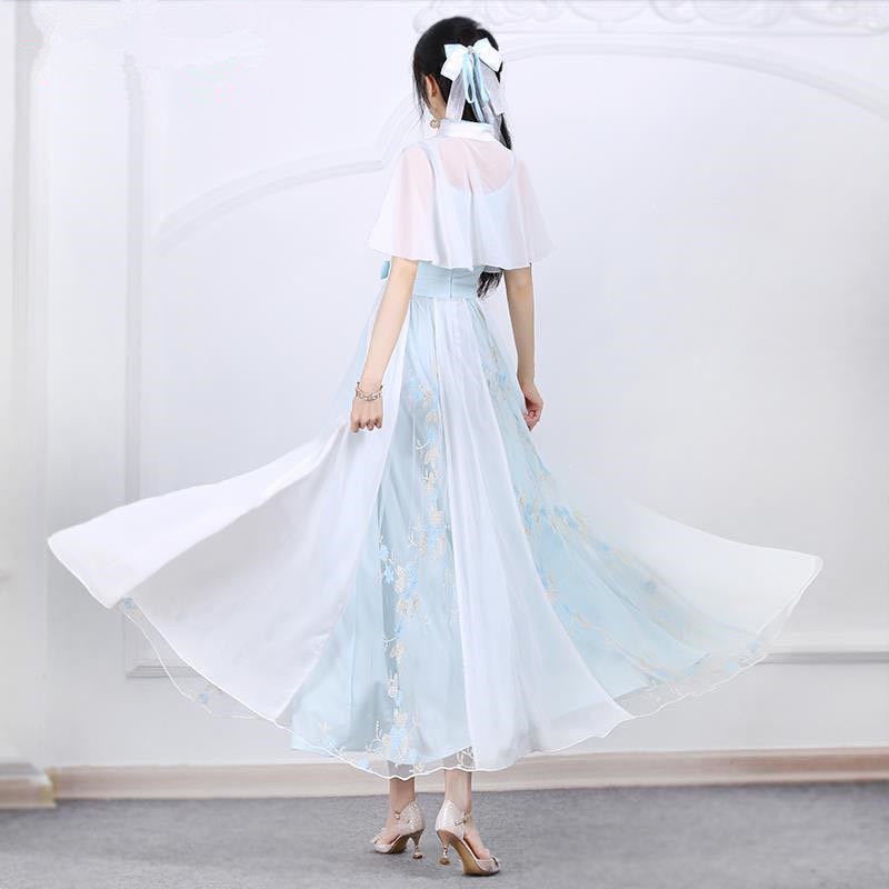 2021 new dress women's blue and white snow spun shawl National Style Embroidered improved Hanfu stud