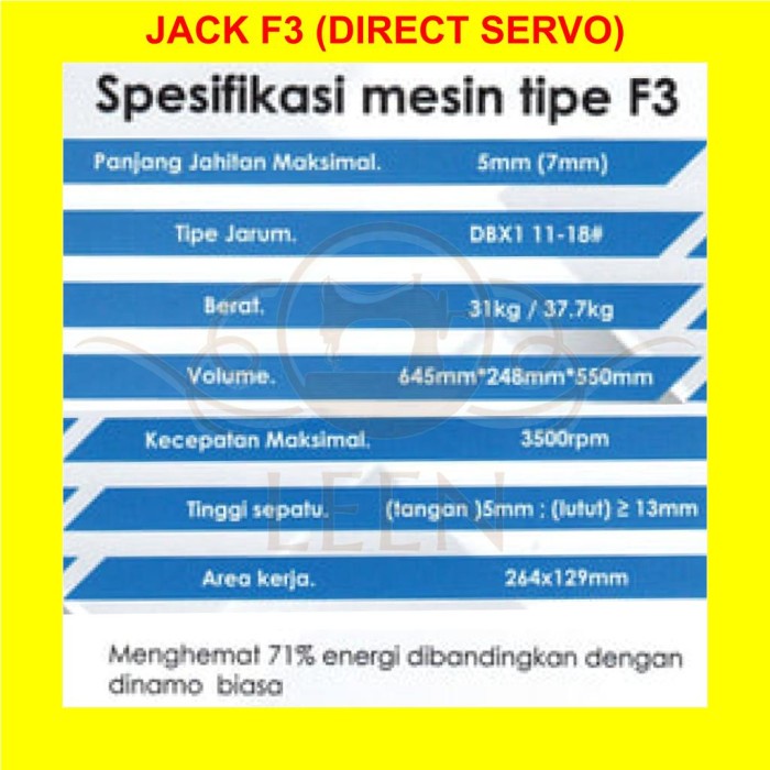 Mesin Jahit Direct Servo Jack F3 F 3 High Speed Industri Jarum 1 LEEN