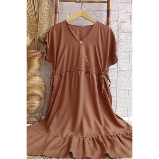 Daster Kimono Pendek || Daster Kimono Polos || Dres Kimono || Daster Rayon || Daster Rayon Busui || Daster Ruffle Busui-COKLAT