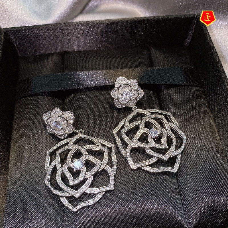 [Ready Stock]Hollow-out Exquisite Necklace Camellia Stud Earrings Ring Set