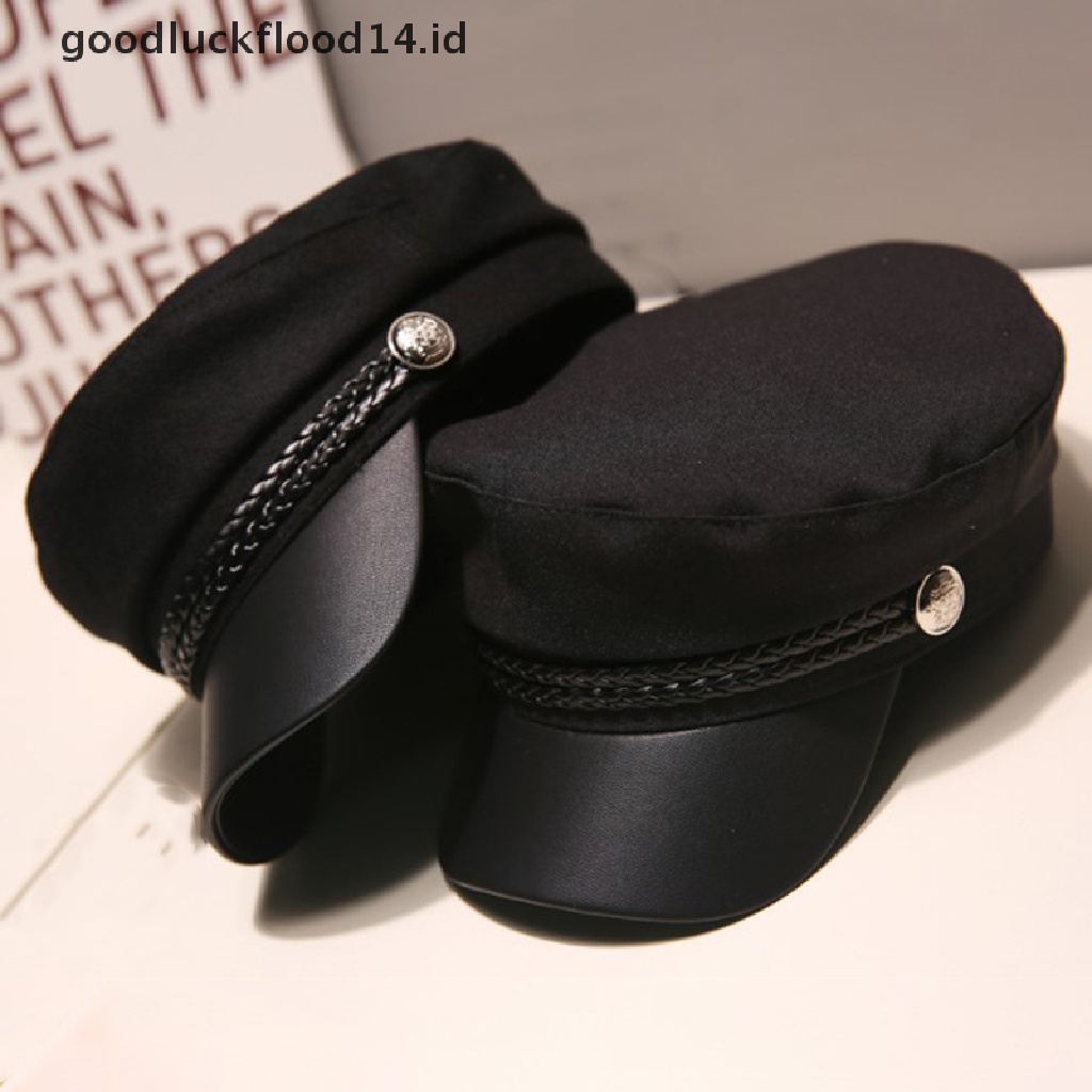 [OOID] Leather Military Hat  Sailor Hats Flat Top Captain Cap Travel Cadet Hat ID