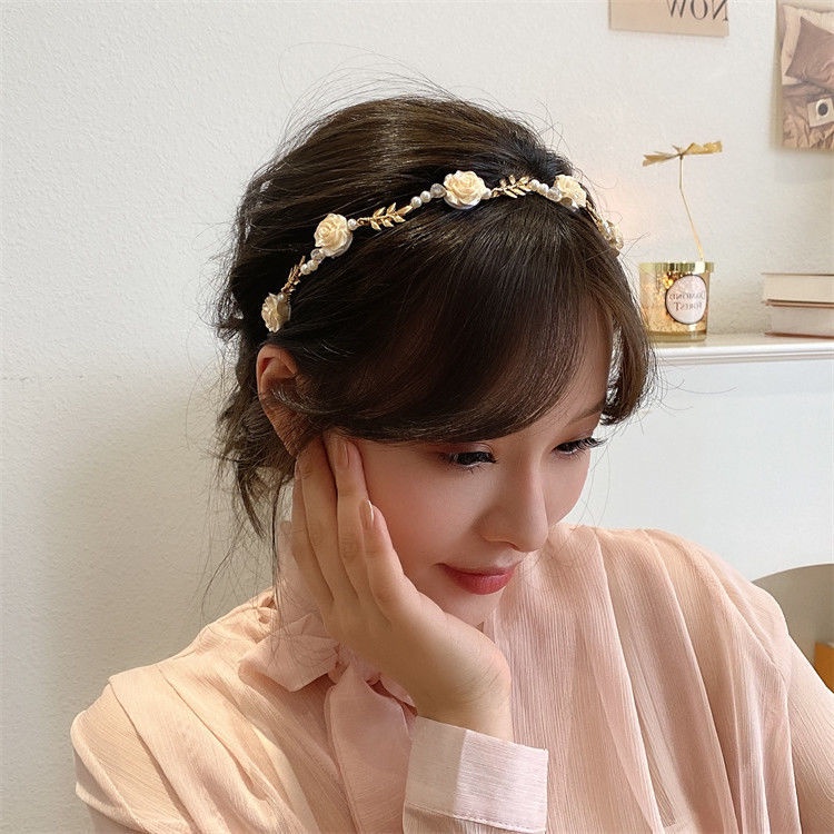 Bando Mutiara Mawar Musim Panas Prancis Retro High-End Jepit Rambut Hiasan Kepala Desain Niche Hairband Tekanan Tinggi-Otak Top