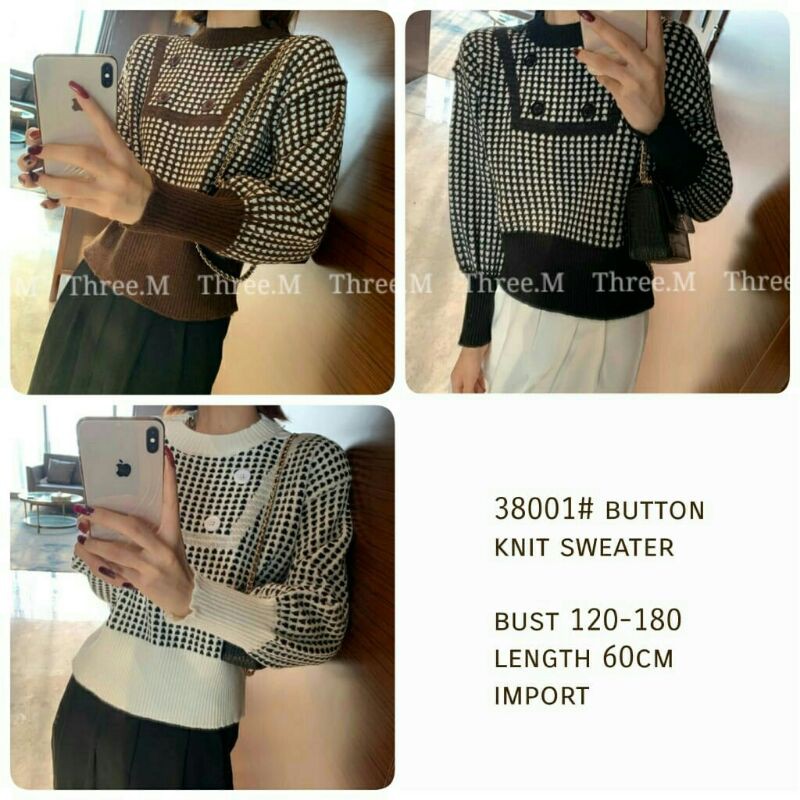 BUTTON Baju atasan blouse lengan panjang rajut wanita import korea baju blouse rajut cewek import