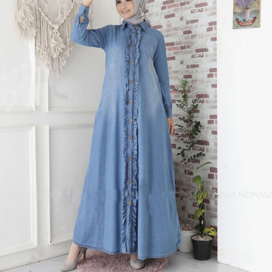 Terjangkau - Baju Gamis Dress Jeans Denim Levis Wanita 2022 Kekinian Snow Blue Bordir  Ld 112 P 140 