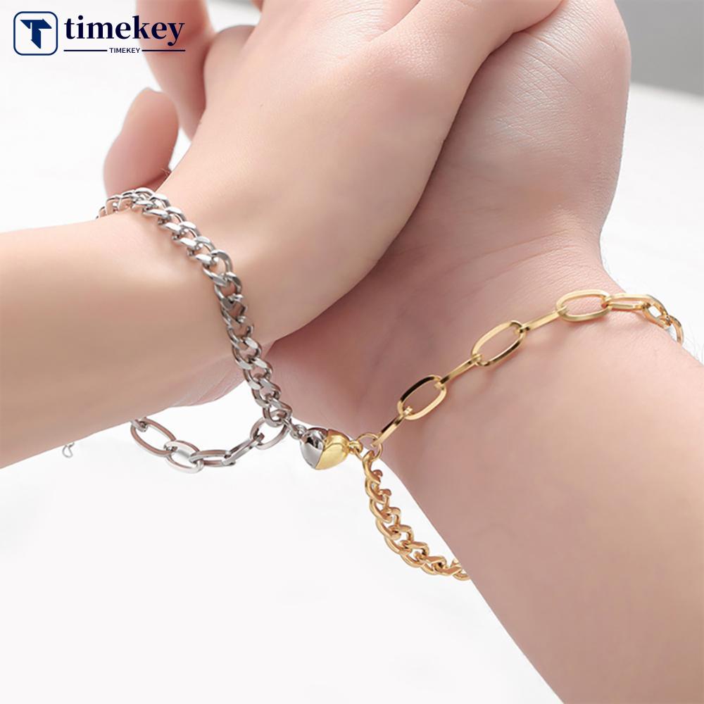 Timekey Gelang Tali Rantai Magnetik Hias Hati Gaya Punk Romantis Untuk Pasanganpriawanita G5L5