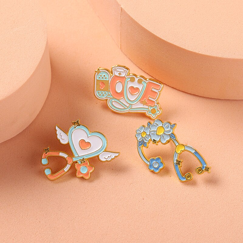 Stethoscope Enamel Pin Angle Heart Floral Pill Brooches for Nurse Doctor Health Care Badges Medical Jewelry RN Gifts