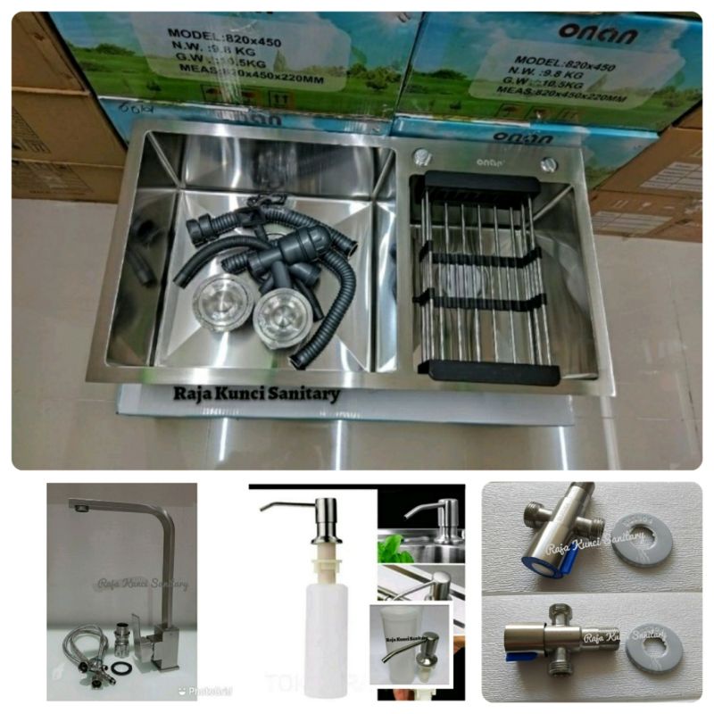 Paket Lengkap Kitchen Sink Onan 8245 Stainless+Kran Kotak Segi Panas Dingin Stainless SUS 304