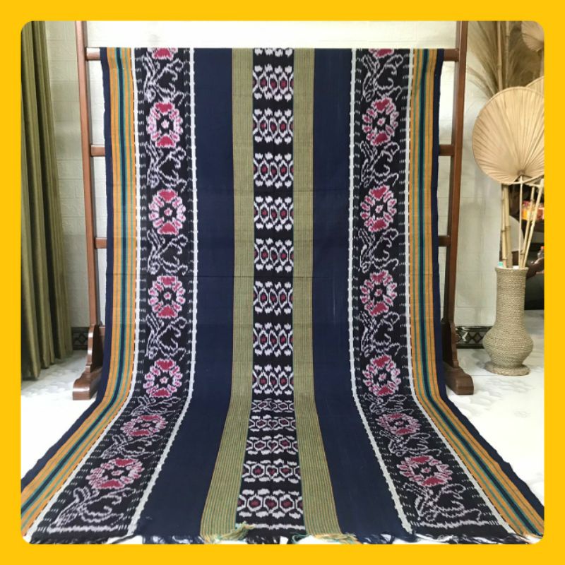 Kain Tenun ikat Blangket Halusan asli kain batik tenun motif bunga seroja warna hijau pink hitam war