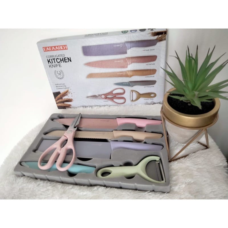 Pisau Dapur Set isi 6 pcs Multicolor UKURAN BESAR / Pisau Jerami Stainless Steel