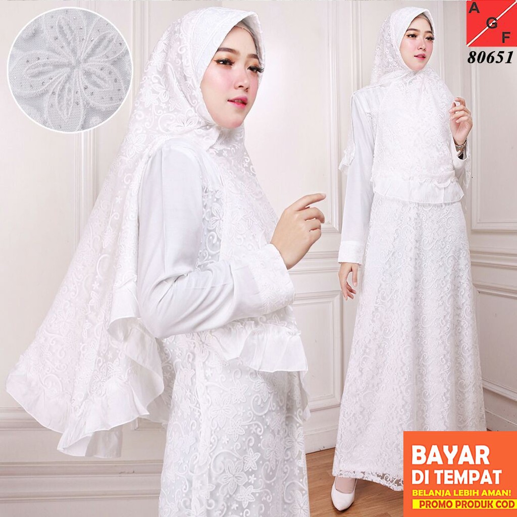 AGNES Baju Gamis Wanita Brukat Syari Putih Lebaran Umroh AGNES Baju Gamis Wanita Brukat Syari Putih Lebaran Umroh