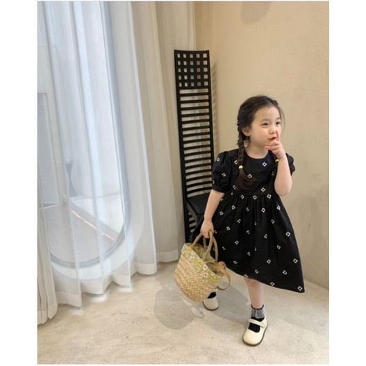 DRESS BUNGA 4 DAUN HITAMPUTIH baju dress tutu anak perempuan set import