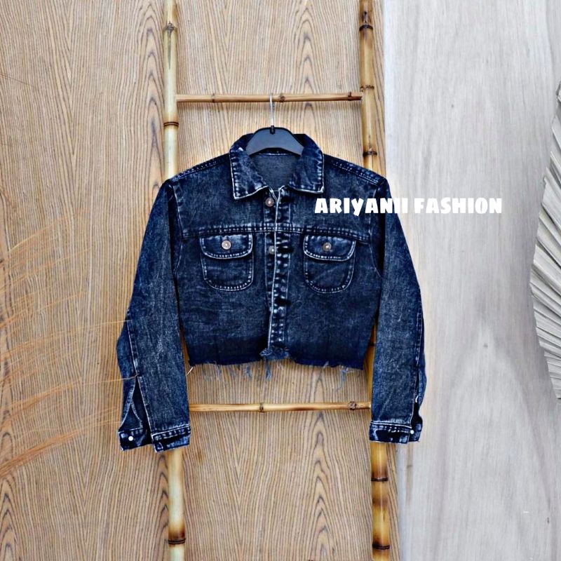 Jaket Jeans Crop Top Wanita Rawis Jacket Jins Denim Snow Hitam Cewek Murah Cewe Korean Style