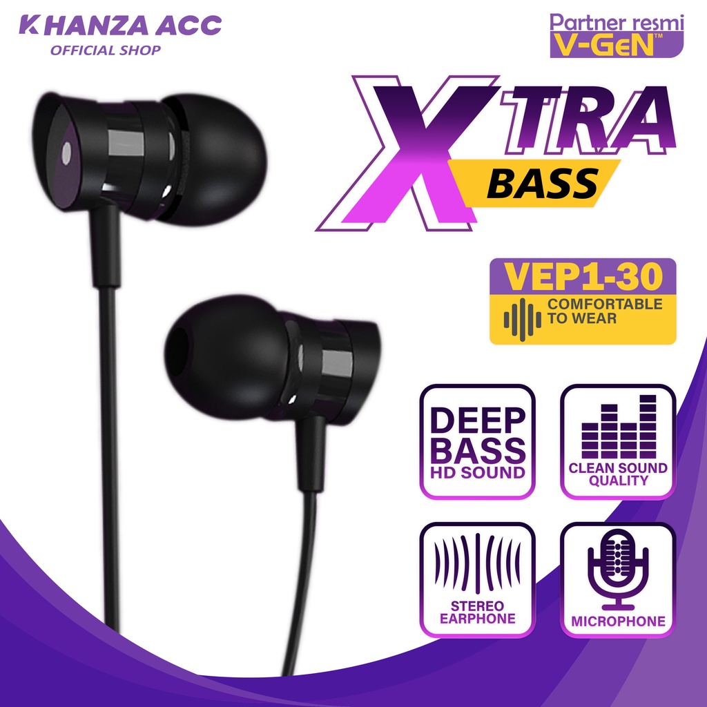 KHANZAACC VGEN VEP1-30 Wired Earphone Xtra Bass Ecer 1 Pcs Non Packaging