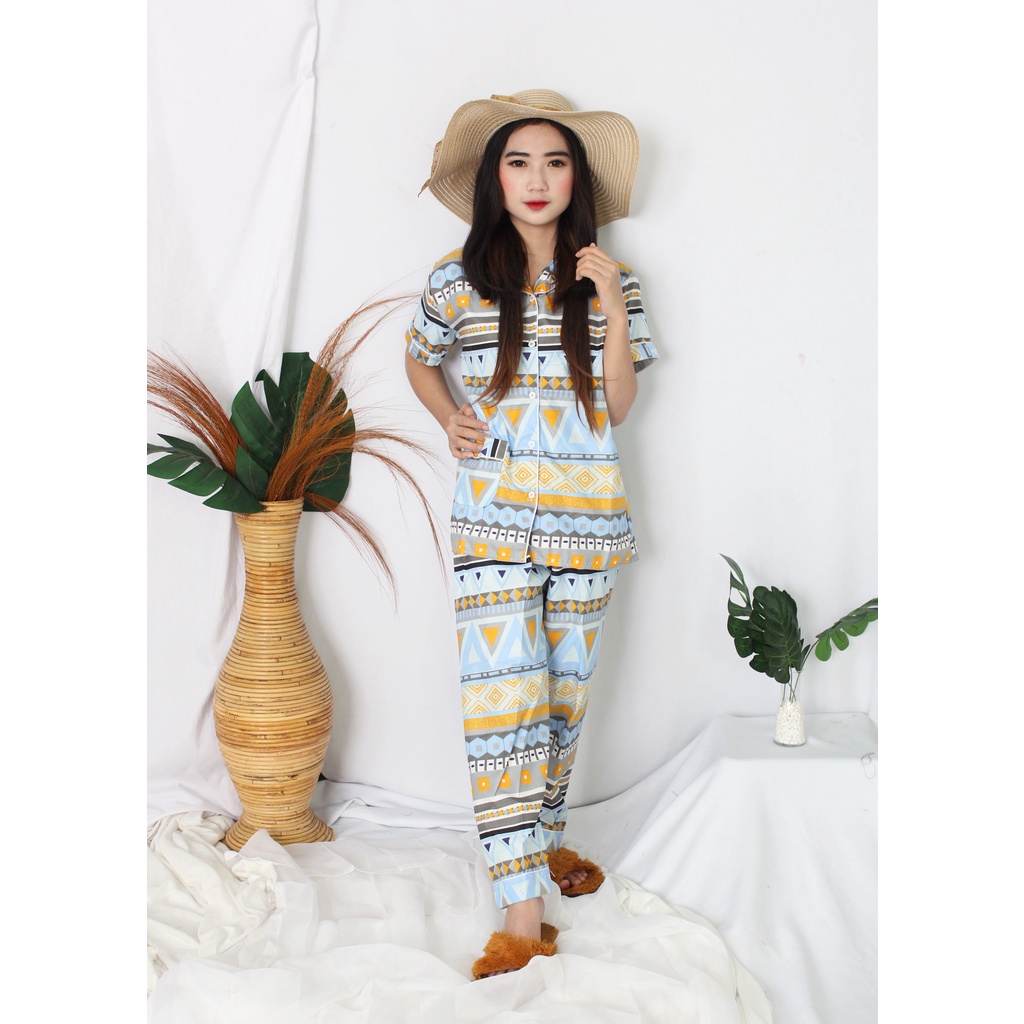 OKHISHOP - CP1 Piyama Pajamas CP Baju Tidur Piyama Wanita Dewasa Setelan CP Motif Trendy Karakter Kotak Guilen-CP Tribal Biru