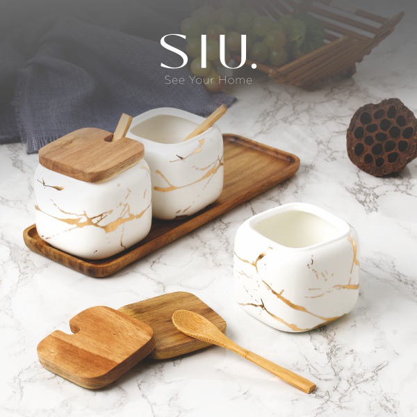 Set Tempat Bumbu Marmer Nampan / Marble Seasoning Pot with Tray Set