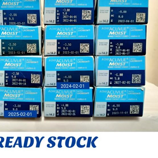 Softlens Acuvue Moist 1 pasang Min 1,00 -1,25 -1,50 -2,00 -2,50 -3,00 -3,50 -4,00 -5,00 -6,00 -6,50 