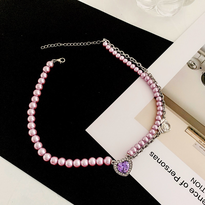 Pearl Stitching Necklace Korea Love Heart Pendant Clavicle Chain