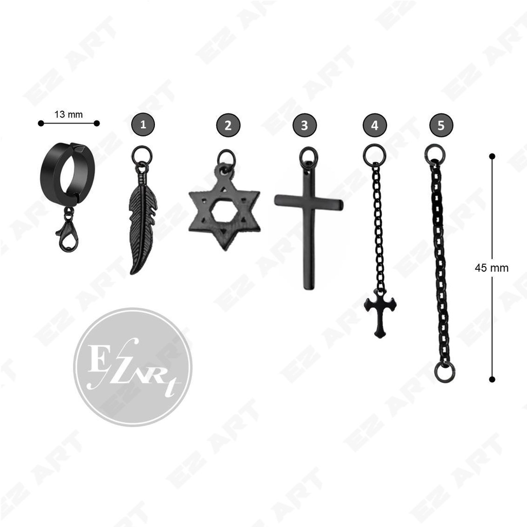 [PAKET 5 IN 1] ANTING HITAM TUSUK / JEPIT + 5 GANTUNGAN SALIB ECG HEXAGRAM RANTAI PRIA WANITA EZ-MP2