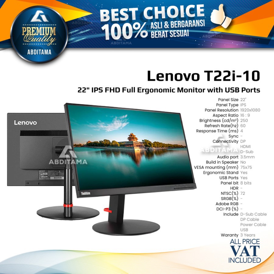 Monitor LED Lenovo Thinkvision T22i10 T22i-10 22" 1920x1080 IPS HDMI DP