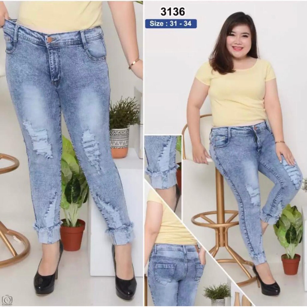 Celana Jeans Wanita Pensil 7/9 Stik Balik Sobek Tambal 31-34 35-38 Bisa Bayar Ditempat(COD)