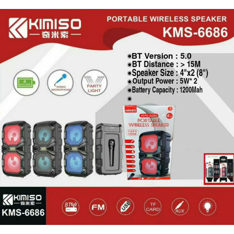 Speaker Portable Bluetooth KIMISO LED KMS6686 Free Microphone Karaoke Wireless Stereo KMS 6686