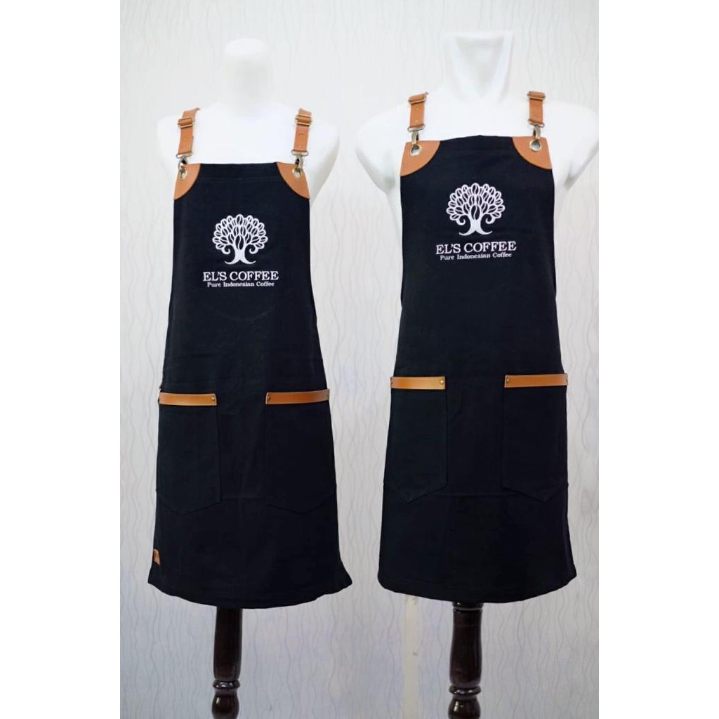 Full apron barista Celemek Cafe Apron barbershop denim retro and synthetic leather varian colour plus bordir logo