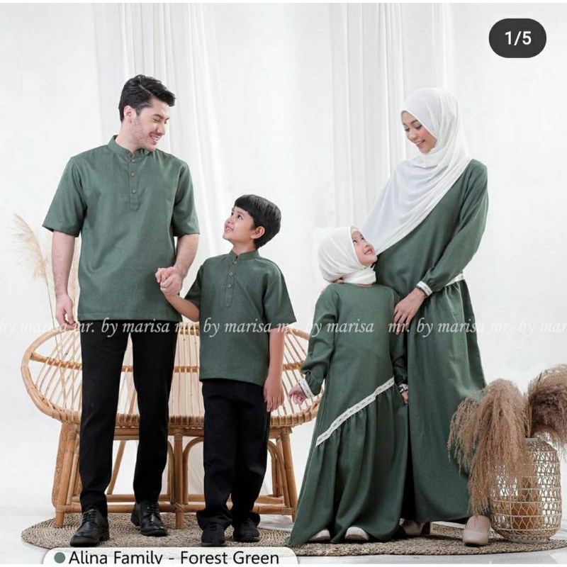 Set Gamis Couple Family Dress Koko Alina hijau green forest army MR by Marisa MrbyMarisa Preloved VG