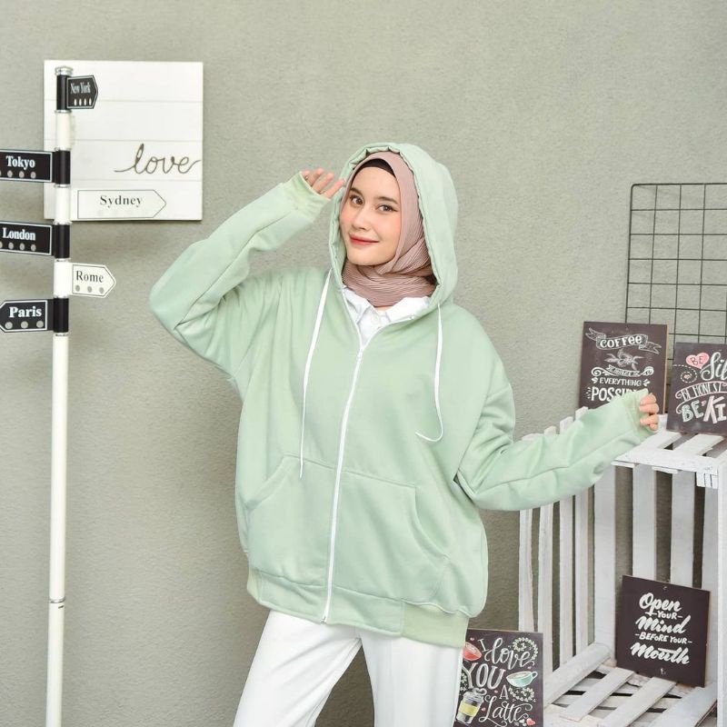 Jaket Sweater Hoodie Zipper Oversize Big size Jumbo Besar XL XXL XXXL 2XL 3XL Korean Style Fleece-Hijau mint