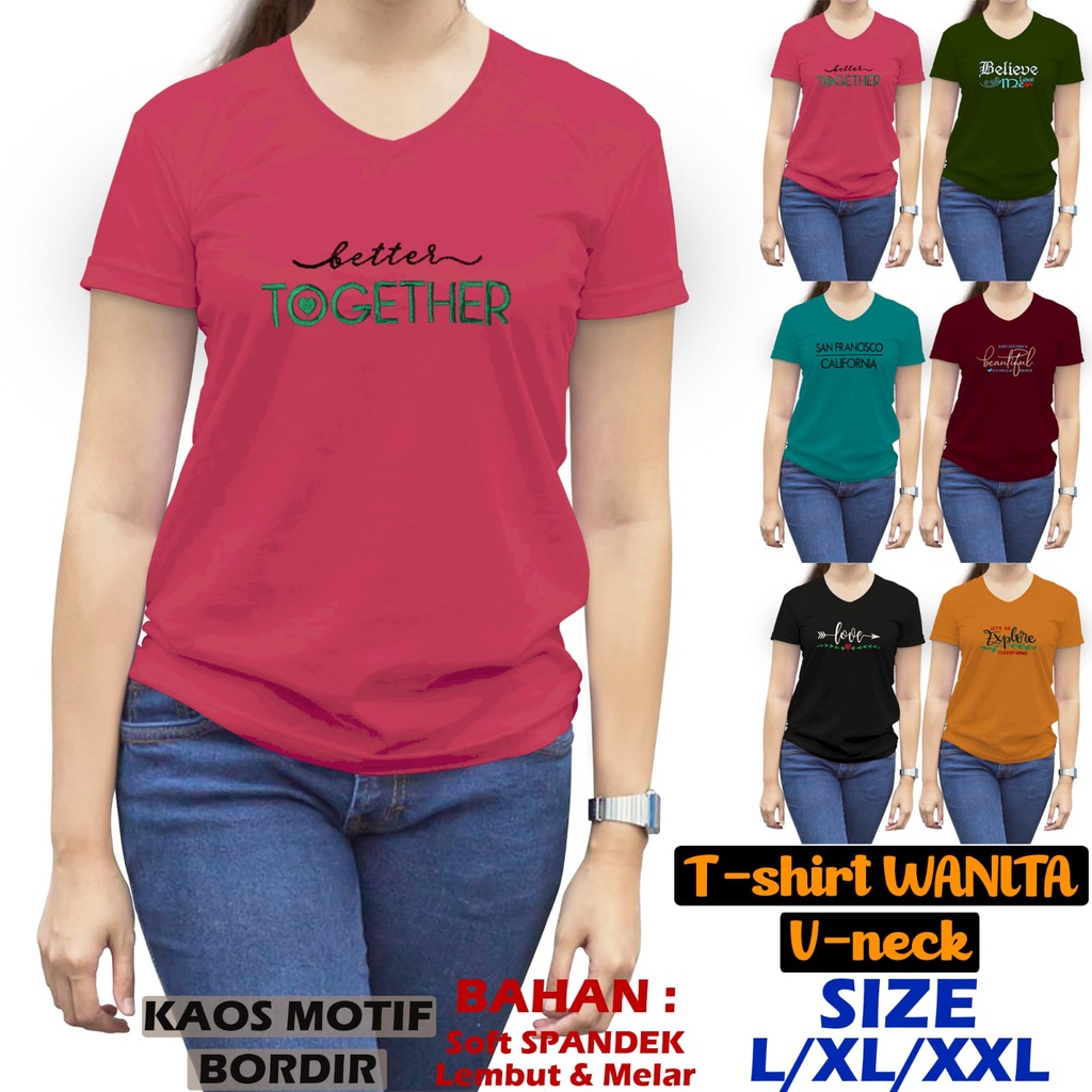 JESETA KAOS ATASAN WANITA V NECK BORDIR GROSIR MURAH ATASAN WANITA TSHIRT WANITA KAOS BORDIR SPANDEK